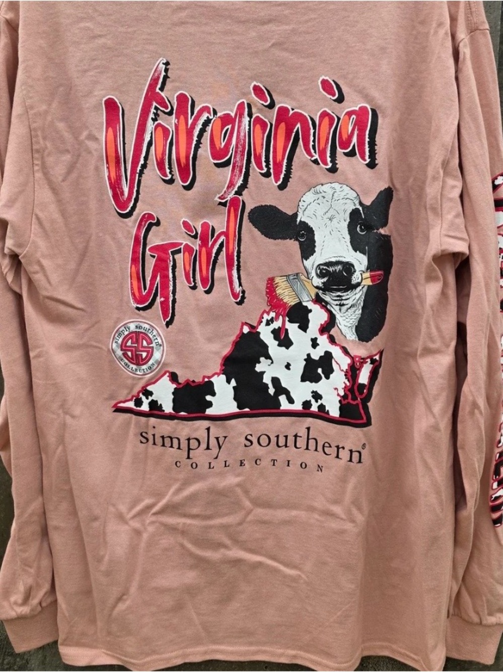 New Simply Southern Pink 'Virginia Girl' Long-Sleeve Tee Cow Shirt Small